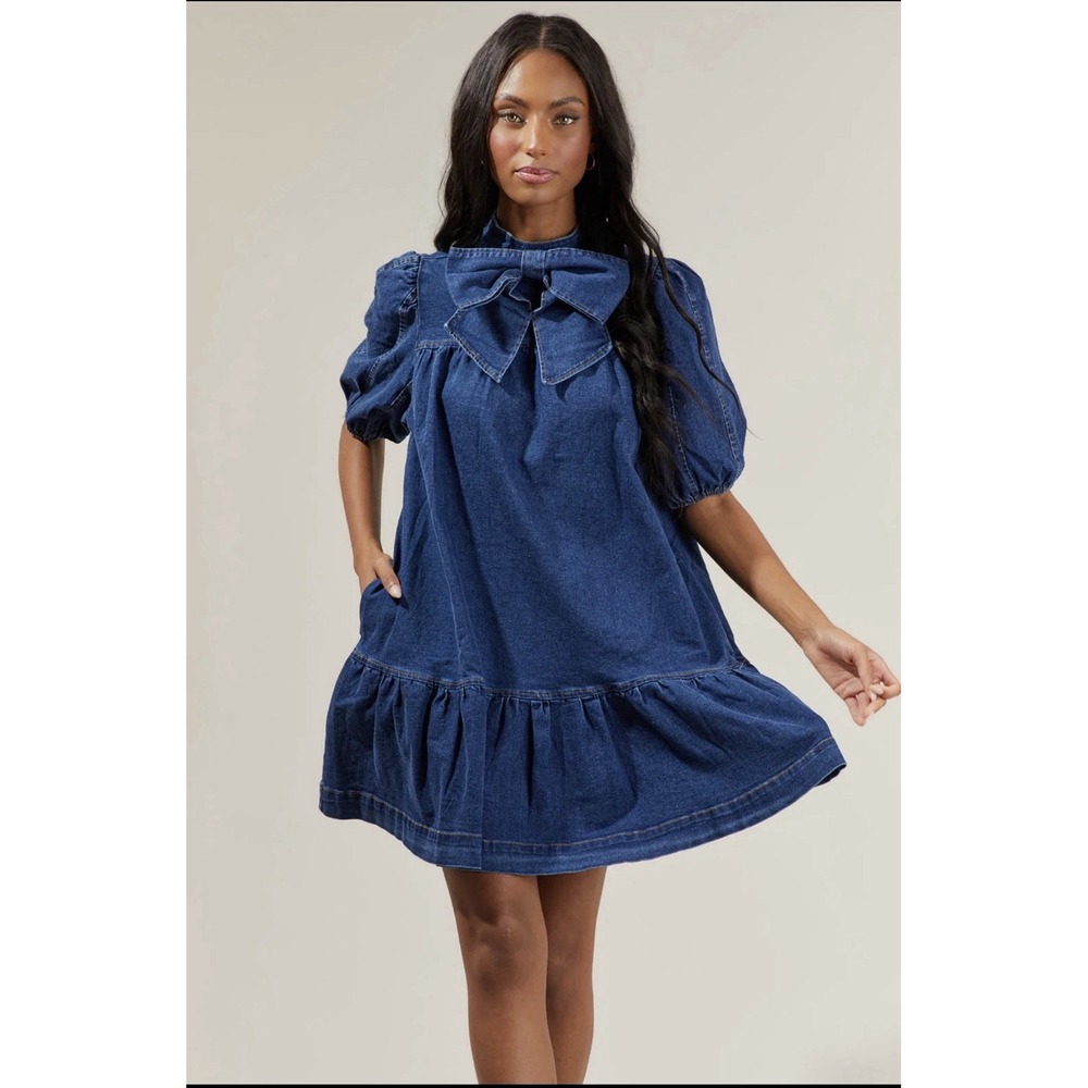 Sugarlips Aura Jacey Denim Shift Dress Women's Size Small Mini Ruffle Hem Bow